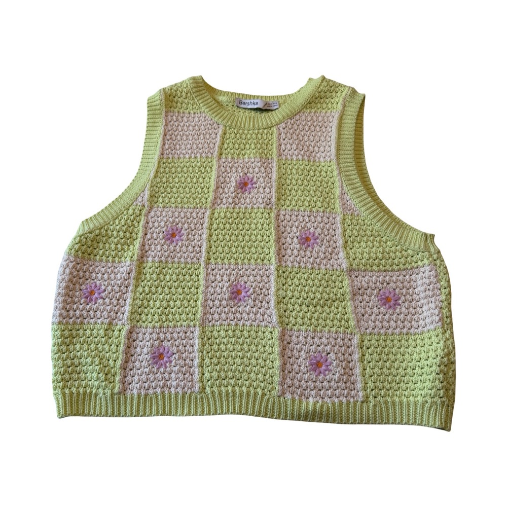 Zara Lime Green Cropped Checkered Floral Crochet Sweater Vest XL‎